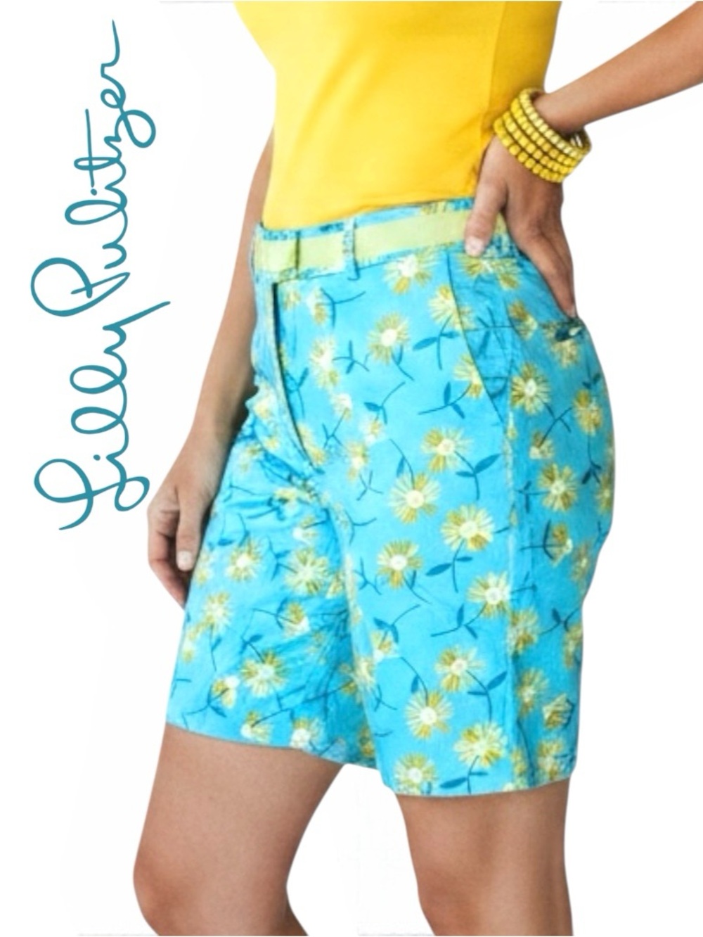 Lilly Pulitzer Vintage Shorts Resort Blue Yellow Tropical Floral Ribbon Waist 8